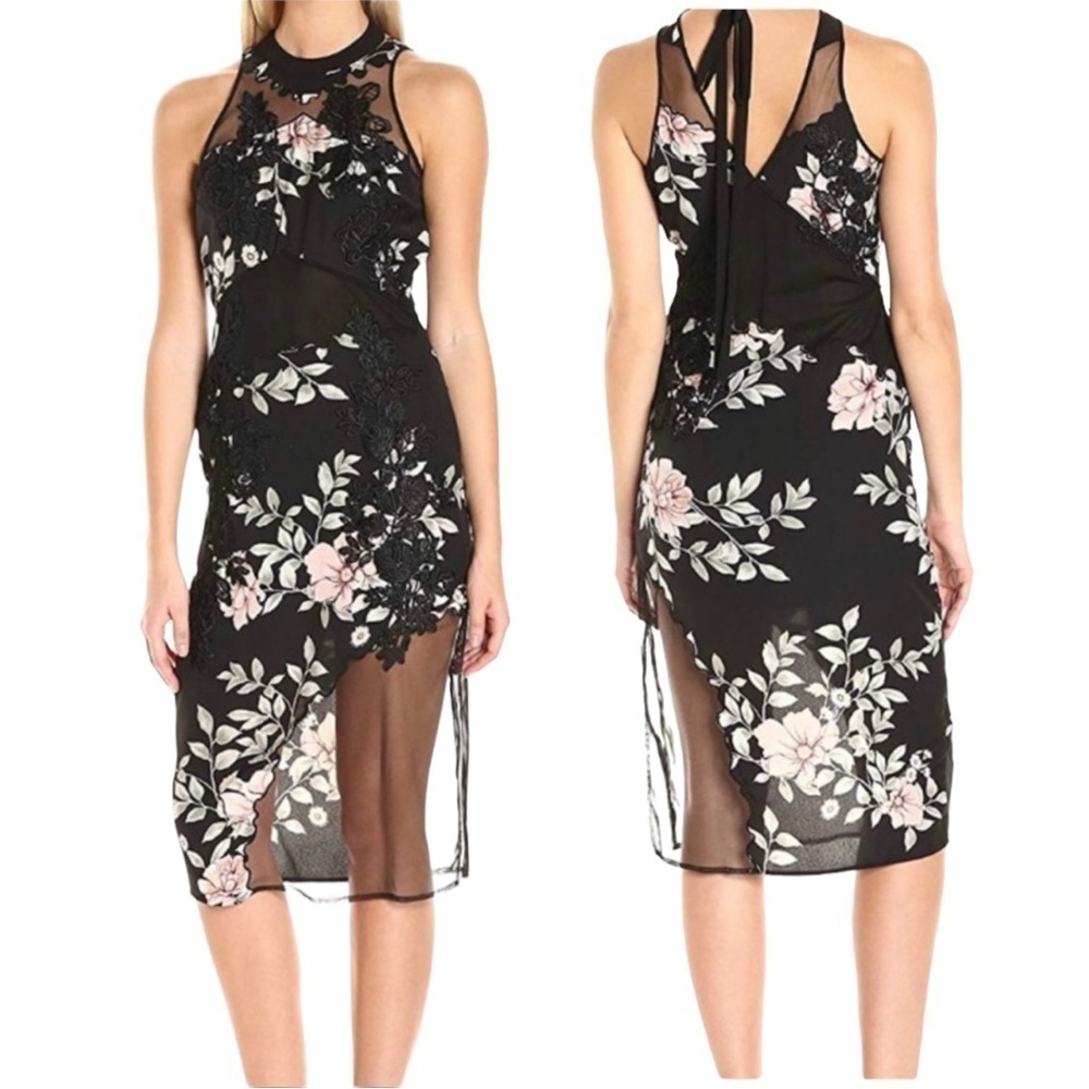Guess Aluara Women's Black Pink Floral Embroidered Sexy Halter Midi Dress Size 0